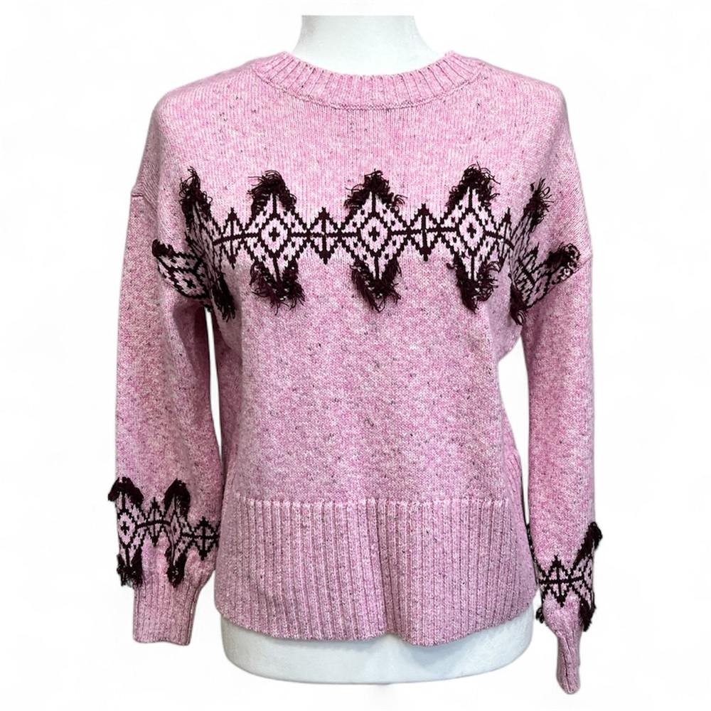 LOFT Fringe Fair Isle Pink and Black Patterned Crew Neck Sweater, M - Picture 3 of 5